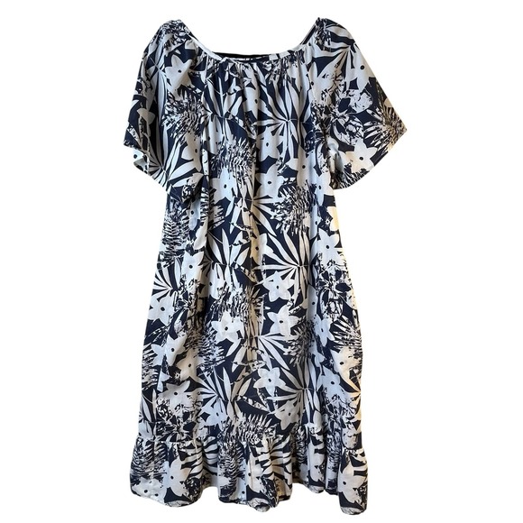 CW Classics Womens Navy Blue White Floral Dress Short Sleeve Square Neck Size M - Picture 3 of 6